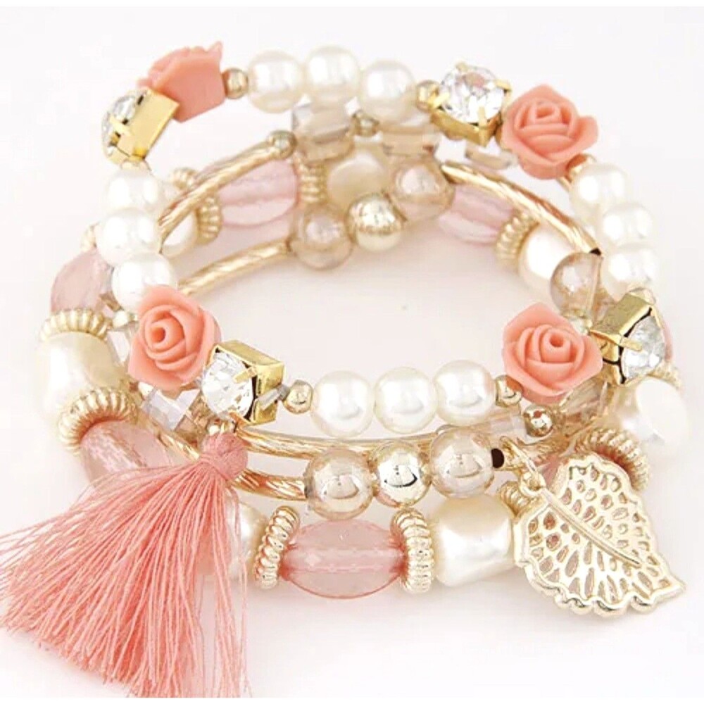 Pink Gold Boho Layered Bracelet Set Faux Pearl Floral Crystal Tassel NEW